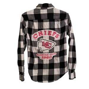 Unique Kansas City Chiefs Black and White Plaid Flannel Button Front Shirt XS